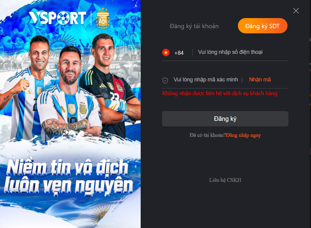 Đăng ký Vsport nhanh qua số điện thoại 