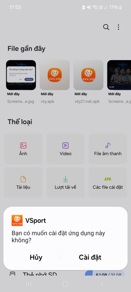 Chọn “cài đặt” để hệ thống thực hiện việc setting