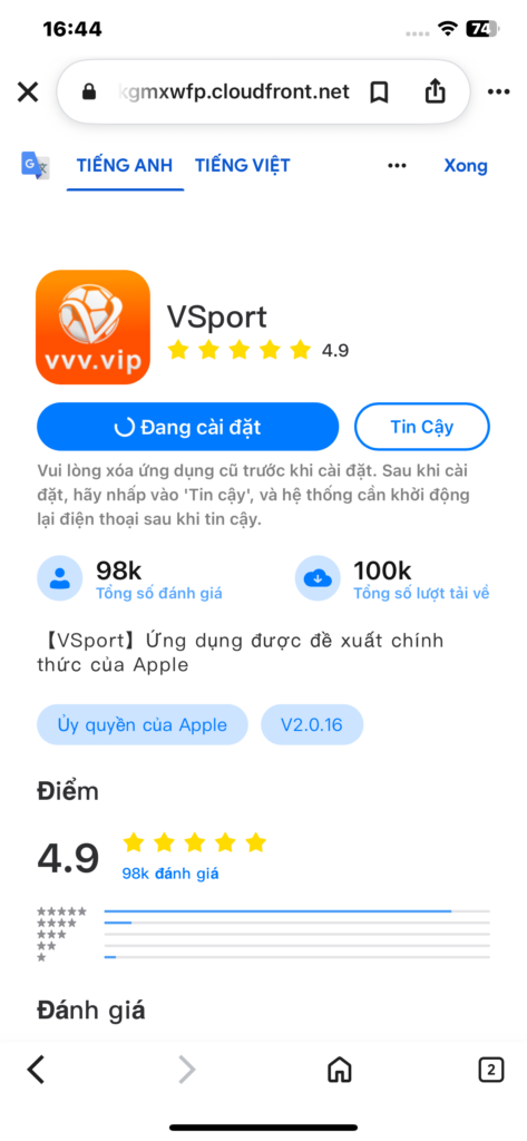 Chọn “tin cậy” để hệ thống tiếp tục tải xuống ứng dụng Vsport 